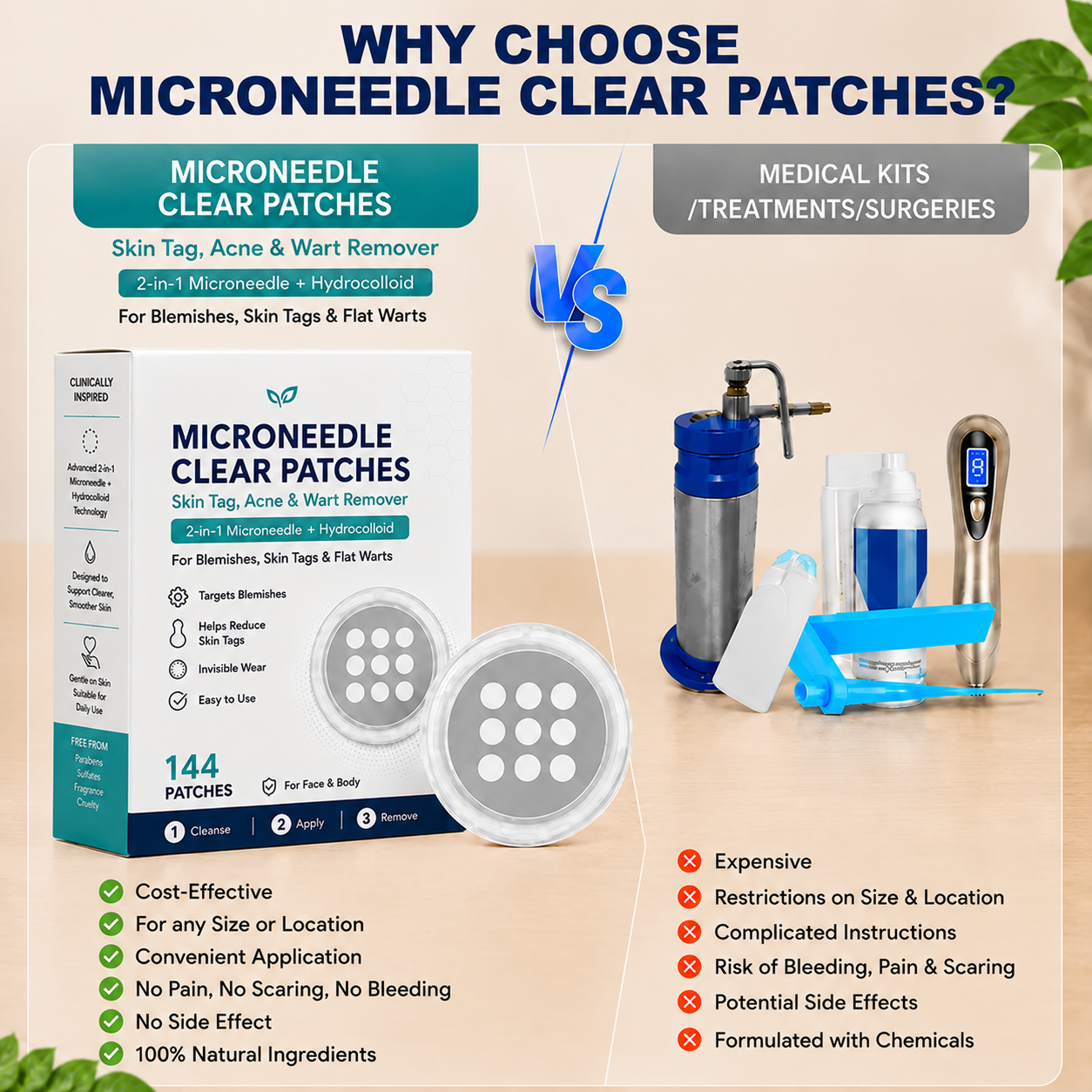 ✨2-in-1 Microneedle & Hydrocolloid Patch🍀| Removes Raised Moles, Acne, Flat Warts & Skin Tags | Helps Improve Wrinkles, Scars & Blemishes | Invisible Patches for Face & Body